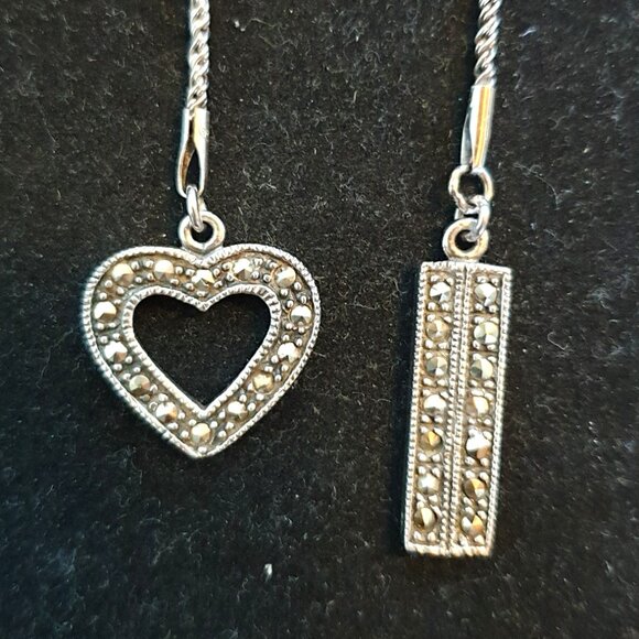 Vintage Art Deco Marcasite Heart & Key 925 Silver Estate Treasure Necklace - Picture 3 of 11